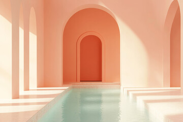 Fototapeta premium Empty pink swimming pool in minimalist interior design with arches. Simple geometric composition in room. Abstract design in minimalistic style. Modern architecture