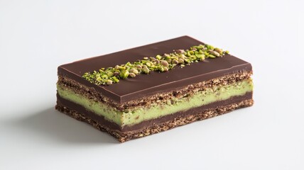 Dubai Chocolate Kunafa Pistachio on white background,Dubai Chocolate bar with green kadayif and pistachio spread,popular and viral chocolate 2024,space for text.