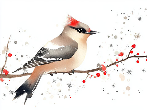 watercolor style illustration of waxwing bird perched on branch with red berries and snowflakes. bird features distinctive crest and soft colors, creating serene winter scene