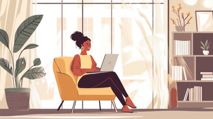 Fototapeta premium An independent woman sitting in a cozy nook, comparing