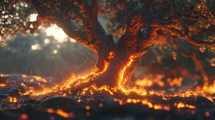 Burning tree isolated on black screen