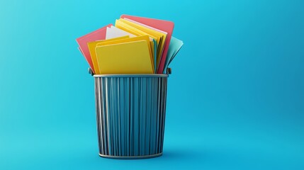 A simple 3D illustration of a trash can.  It has folders and documents inside, representing the idea of deleting unnecessary files and data.