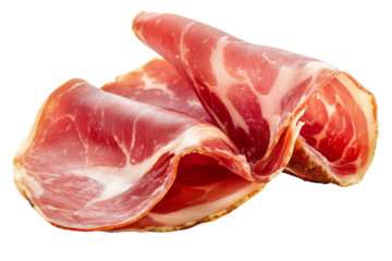 Slices of prosciutto crudo isolated on white background. Thin slices of Italian dry-cured ham