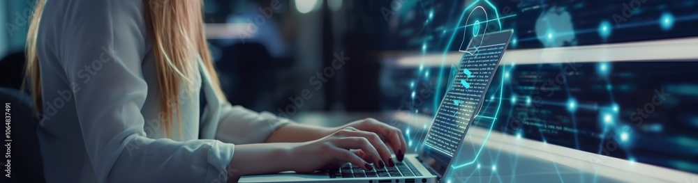Poster a woman is shown working on a laptop with a digital overlay in a modern office setting, reflecting a