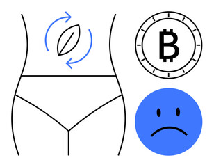Human body outline with recycling symbol over stomach, Bitcoin symbol, and sad face. Ideal for health, diet, cryptocurrency, mental wellness, financial stress, digital economy, sustainable living