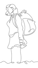 Continuous one line drawing tourist girl with a backpack on a walk. Retro vintage. Young woman in retro clothes. One continuous line isolated minimal vertical illustration.