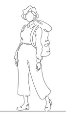 Continuous one line drawing tourist girl with a backpack on a walk. Retro vintage. Young woman in retro clothes. One continuous line isolated minimal vertical illustration.