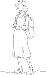 Continuous one line drawing tourist girl with a backpack on a walk. Retro vintage. Young woman in retro clothes. One continuous line isolated minimal vertical illustration.
