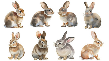 Set of cute rabbit or bunny watercolor isolated on white background. Painted bunnies for Happy Easter!