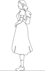 Continuous one line drawing tourist girl with a backpack on a walk. Retro vintage. Young woman in retro clothes. One continuous line isolated minimal vertical illustration.