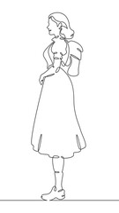 Continuous one line drawing tourist girl with a backpack on a walk. Retro vintage. Young woman in retro clothes. One continuous line isolated minimal vertical illustration.