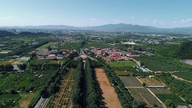 Aerial drone view of Ming Tombs Changling mausoleum in China,Asia.&nbsp;The Ming Tombs, Sacred Way,The Ming Tombs, Beijing, China.&nbsp;Mausoleums built by the emperors of the Ming dynasty of China.