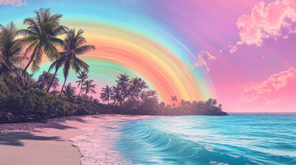 Fototapeta premium Tropical island travel poster with rainbow waves flowing through the sky and water, highlighting a surreal paradise vibe.