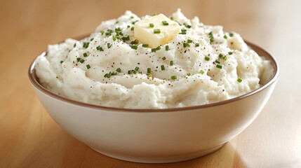 Creamy Mashed Potatoes with Butter  Chives   Pepper in Bowl