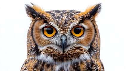 Obraz premium Majestic Owl Staring with Intense and Vigilant Gaze in Close-up Portrait - Captivating Image of a Brown and Yellow Colored Owl.
