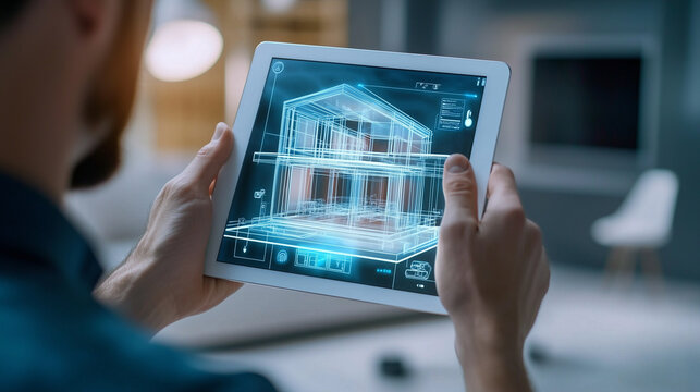 Architect using tablet to showcase futuristic 3d model of a house with interactive design