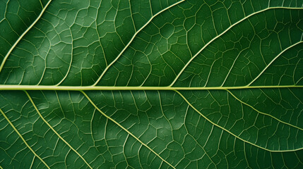 Fototapeta premium Close-up of green leaf showing detailed vein pattern and texture, highlighting the natural structure and color of the leaf surface.