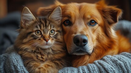 A curious cat and a gentle golden retriever dog looking at the camera, snuggled up in a cozy blanket.