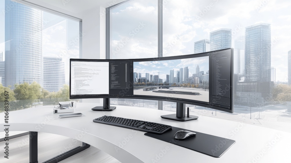 Aufkleber modern office desk with curved monitor keyboard mouse and city view