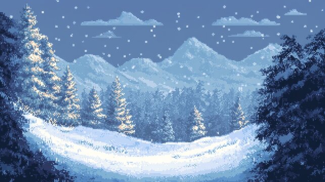 A snowy winter scene with hills and falling snowflakes.  The colors are light blue and white, perfect for a winter background. This pixel art design is great for Christmas or New Year's.