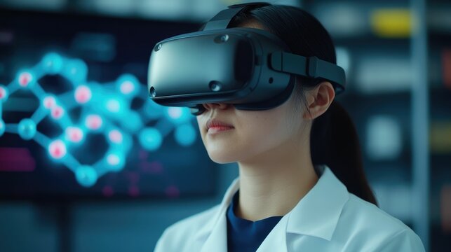 Pharmaceutical scientist wearing virtual reality VR gear interacting with a detailed molecular simulation and transparent visualizations of drug efficacy and toxicity data