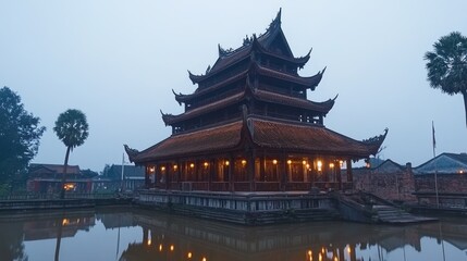 A serene traditional pagoda reflecting in still water at dusk.