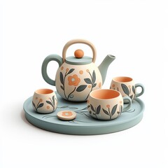 Fototapeta premium Charming Illustrated Toy Tea Set with Tiny Cups