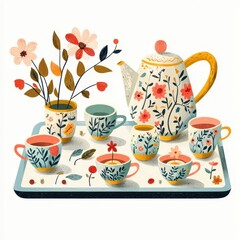 Charming Illustrated Toy Tea Set with Tiny Cups