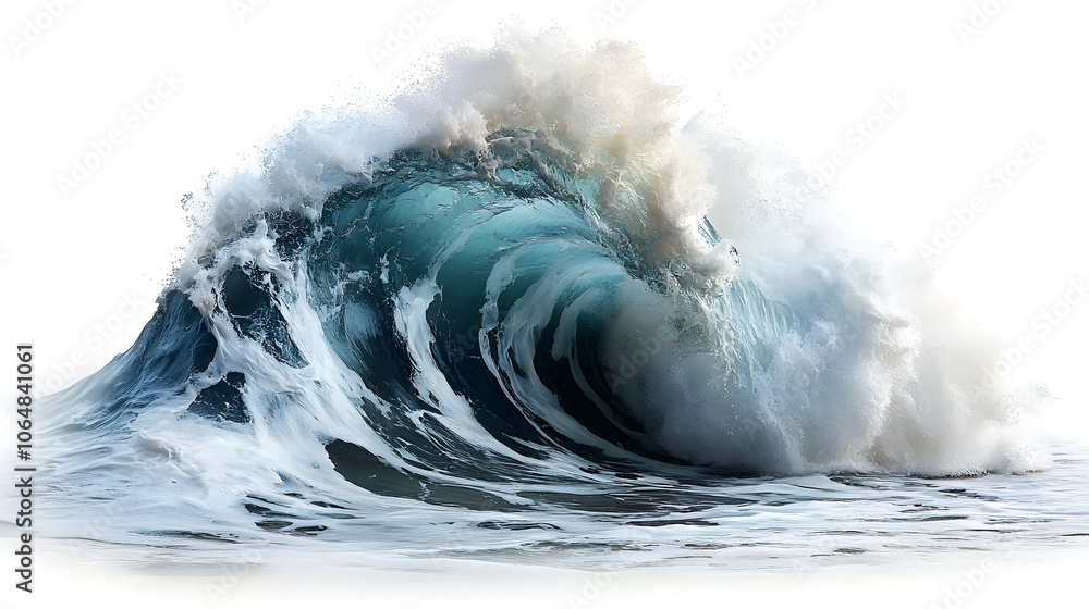 Poster Powerful and Dramatic Crashing Wave Isolated on a Clean White Background,Capturing the Intense Motion and Energy of the Ocean.