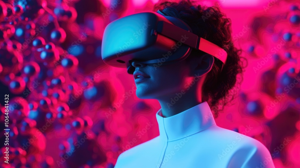 Poster image depicting a futuristic virtual reality drug discovery lab where a user is fully immersed in a 