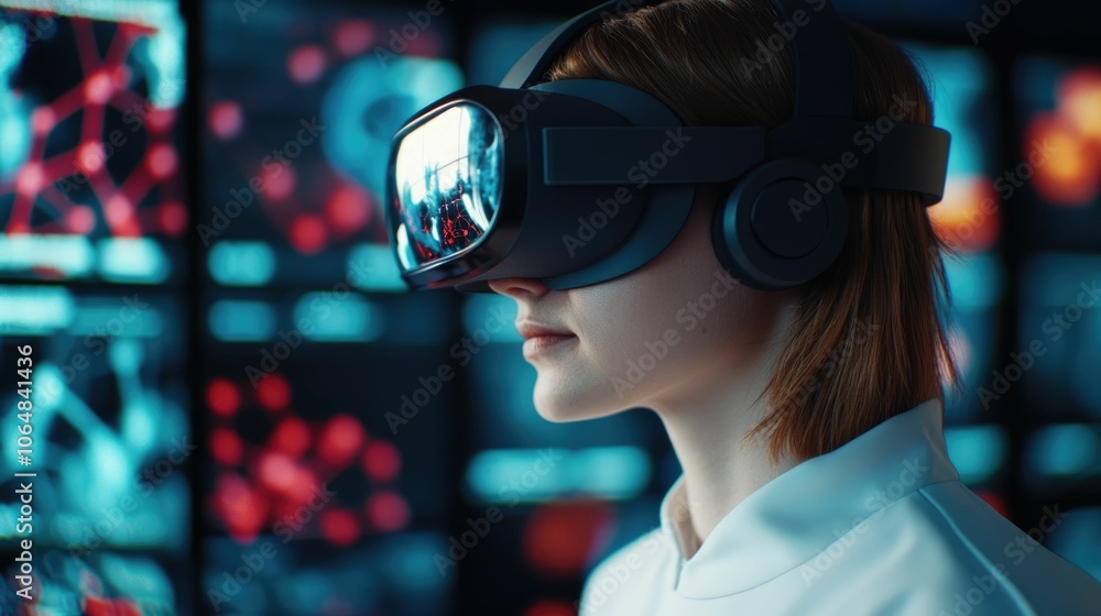 Poster immersive virtual reality drug discovery lab with user manipulating molecular compounds and observin