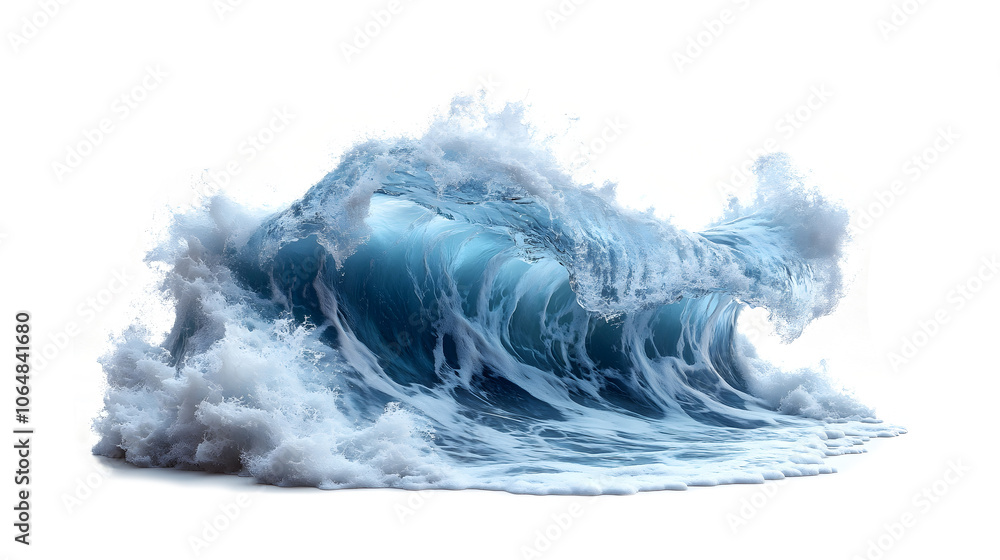 Poster Powerful crashing wave on a white background,creating a dynamic and dramatic seascape image for photo use. Capturing the raw energy and force of nature in a clean,minimalist setting.