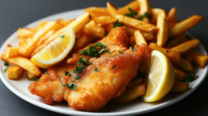 Plate of crispy golden battered fish with a serving of French fries, garnished with fresh parsley and lemon wedges on a white plate.
