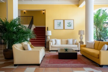 Fototapeta premium Chic industrial-style lobby featuring stunning exposed beams and modern design elements.