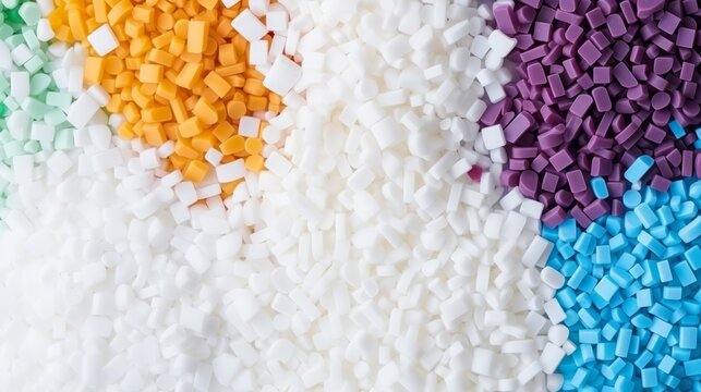 Background of small acrylonitrile butadiene styrene polymer granules, showcasing a granular and textured surface.
