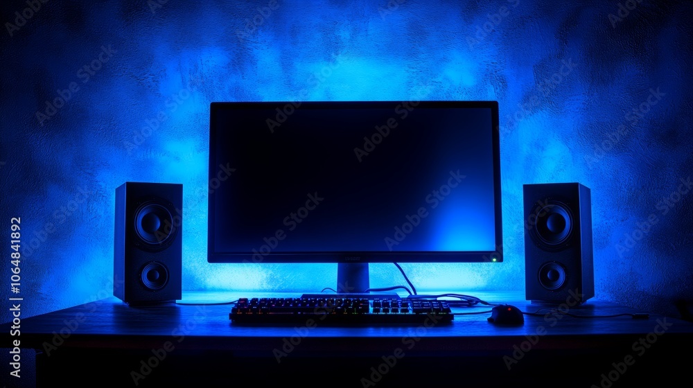 Poster blue led lit gaming setup with computer monitor keyboard and speakers