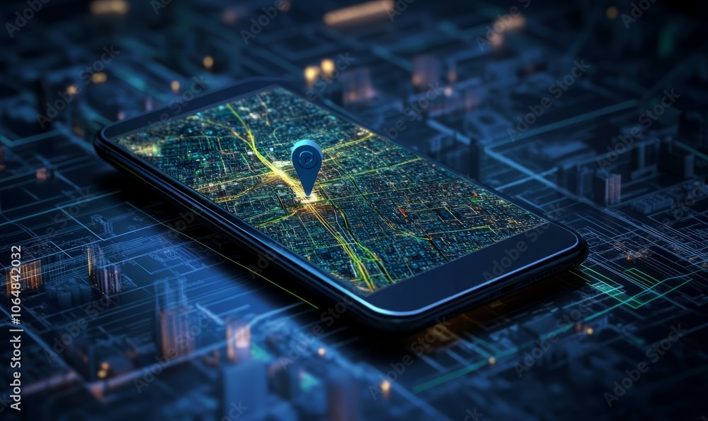 Poster a mobile device showcases a detailed digital map featuring a highlighted geofencing area and a promi