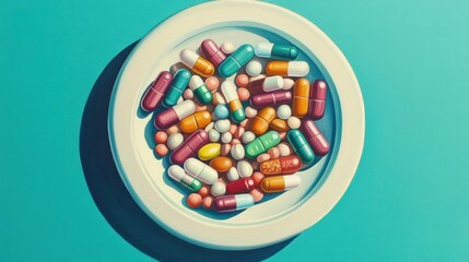 A colorful assortment of pills and capsules arranged in a bowl, representing medication.