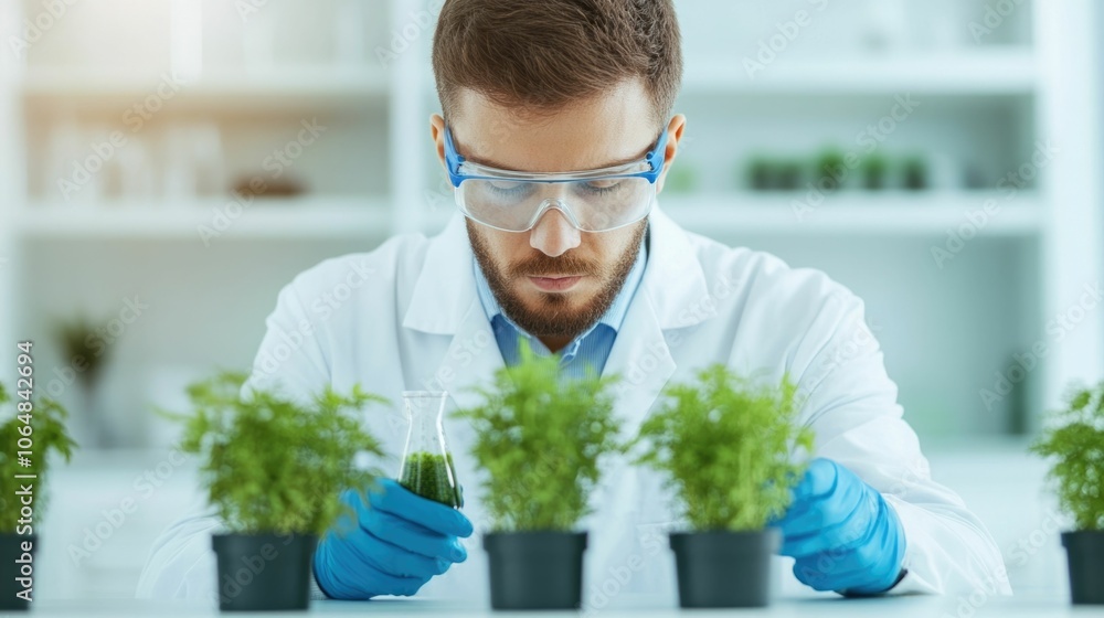 Poster focused scientist in lab coat analyzing biofuel samples with advanced processing technology and deep