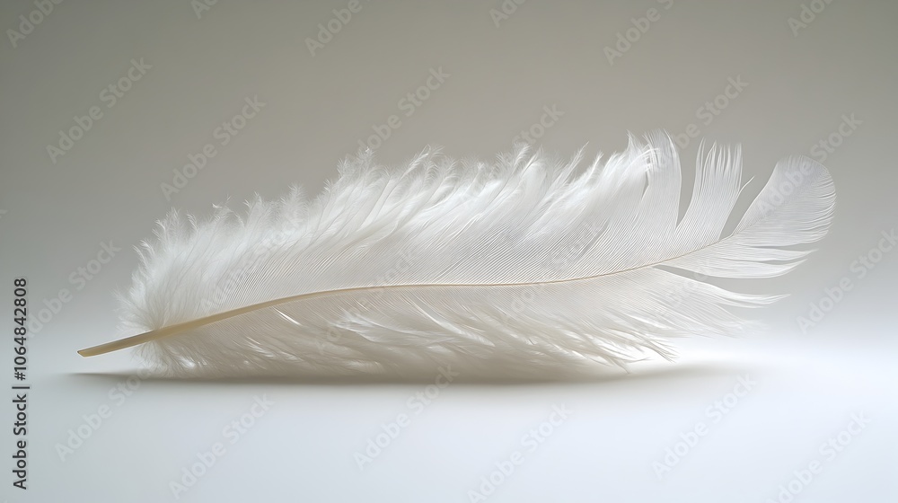 Poster serene,delicate white feather floating in natural soft focus studio lighting with ample copy space. 