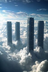 Fototapeta premium A surreal scene of four tall, thin office buildings floating above the clouds in space. 