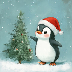 クリスマスツリーを飾るサンタの帽子をかぶったペンギン "Penguin Wearing a Santa Hat Decorating a Christmas Tree｜Generative AI