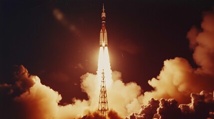 Obraz premium A rocket launching with flames and smoke 