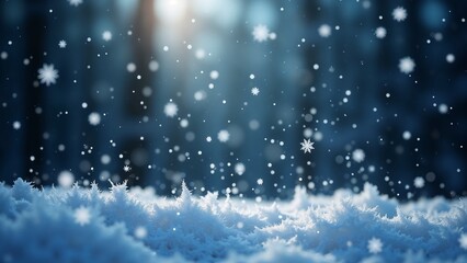 Obraz premium Snowflakes dance in a serene winter forest under soft rays of sunlight filtering through tall trees