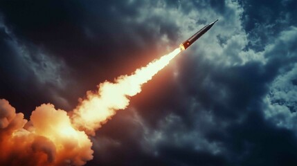 A rocket launching with flames and smoke
