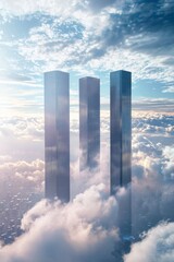 Fototapeta premium A surreal scene of four tall, thin office buildings floating above the clouds in space. 