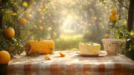 Summer Picnic with Corn  Lemon  and Pitcher in Orange Grove