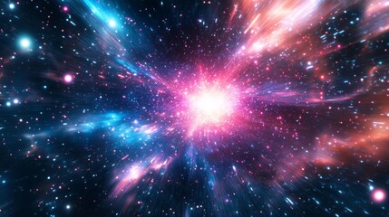 A sparkling burst of pink and blue light, like a star exploding, with a glowing trail.