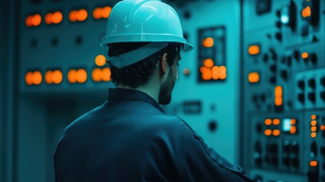 Worker in protective gear monitoring and overseeing the control panel of an industrial fuel processing facility - Powered by Adobe