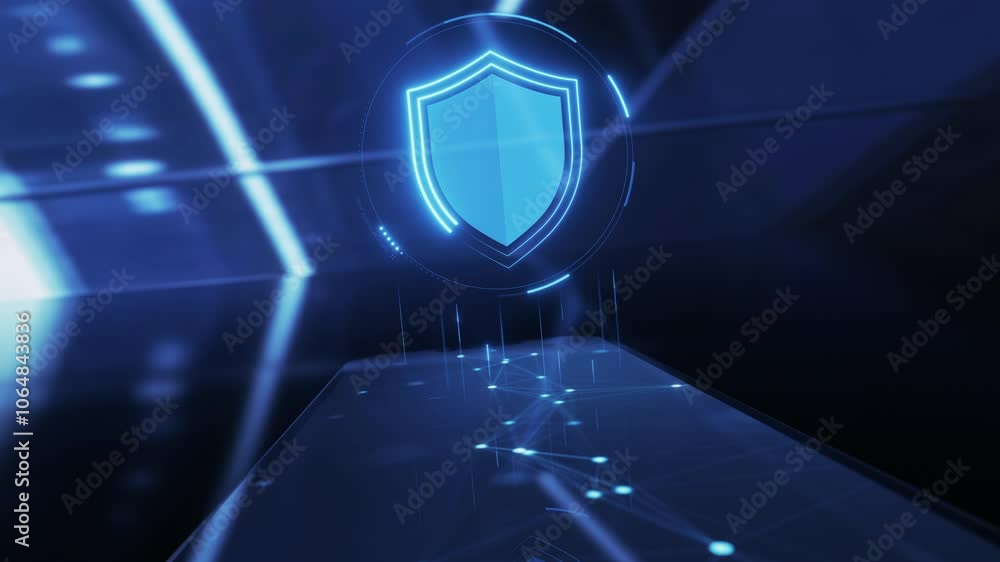 Poster cybersecurity shield icon hologram and smartphone. data protection and privacy or antivirus concept.